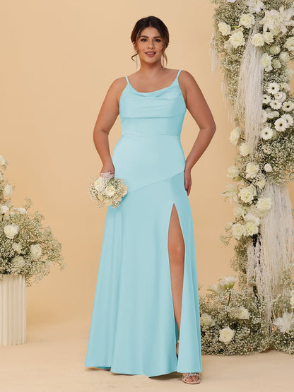 Robes de Demoiselle d'Honneur Grande Taille sans Manches avec Bretelles Spaghetti, Col en V Drapé et Fente Latérale, Style Fourreau/Colonne