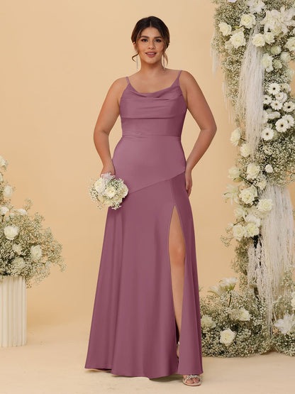 Robes de Demoiselle d'Honneur Grande Taille sans Manches avec Bretelles Spaghetti, Col en V Drapé et Fente Latérale, Style Fourreau/Colonne