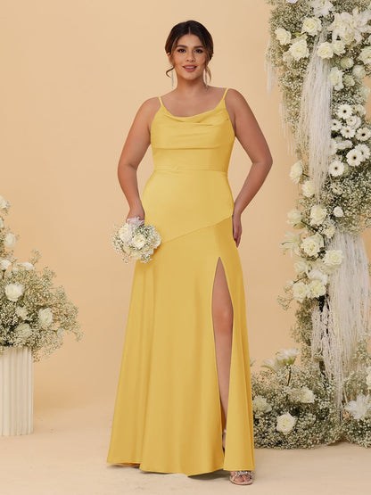 Robes de Demoiselle d'Honneur Grande Taille sans Manches avec Bretelles Spaghetti, Col en V Drapé et Fente Latérale, Style Fourreau/Colonne