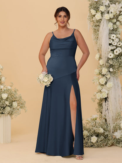 Robes de Demoiselle d'Honneur Grande Taille sans Manches avec Bretelles Spaghetti, Col en V Drapé et Fente Latérale, Style Fourreau/Colonne