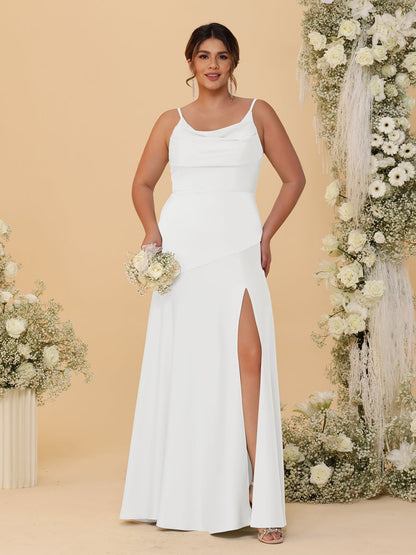 Robes de Demoiselle d'Honneur Grande Taille sans Manches avec Bretelles Spaghetti, Col en V Drapé et Fente Latérale, Style Fourreau/Colonne