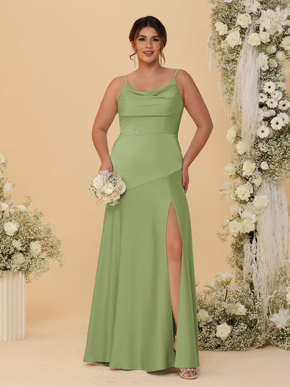 Robes de Demoiselle d'Honneur Grande Taille sans Manches avec Bretelles Spaghetti, Col en V Drapé et Fente Latérale, Style Fourreau/Colonne