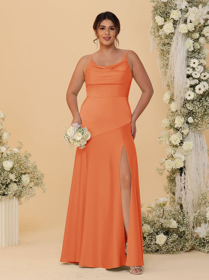 Robes de Demoiselle d'Honneur Grande Taille sans Manches avec Bretelles Spaghetti, Col en V Drapé et Fente Latérale, Style Fourreau/Colonne