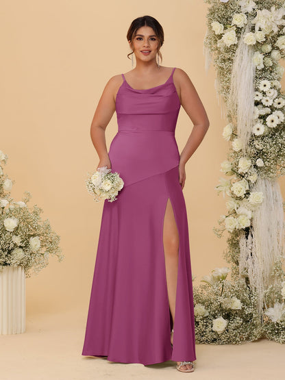 Robes de Demoiselle d'Honneur Grande Taille sans Manches avec Bretelles Spaghetti, Col en V Drapé et Fente Latérale, Style Fourreau/Colonne
