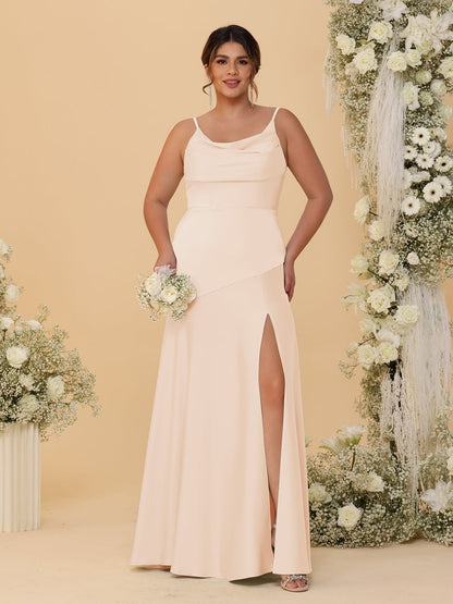 Robes de Demoiselle d'Honneur Grande Taille sans Manches avec Bretelles Spaghetti, Col en V Drapé et Fente Latérale, Style Fourreau/Colonne