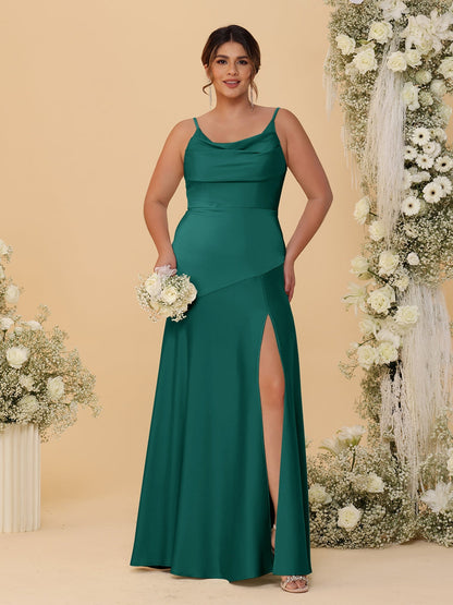 Robes de Demoiselle d'Honneur Grande Taille sans Manches avec Bretelles Spaghetti, Col en V Drapé et Fente Latérale, Style Fourreau/Colonne