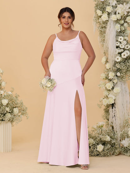 Robes de Demoiselle d'Honneur Grande Taille sans Manches avec Bretelles Spaghetti, Col en V Drapé et Fente Latérale, Style Fourreau/Colonne