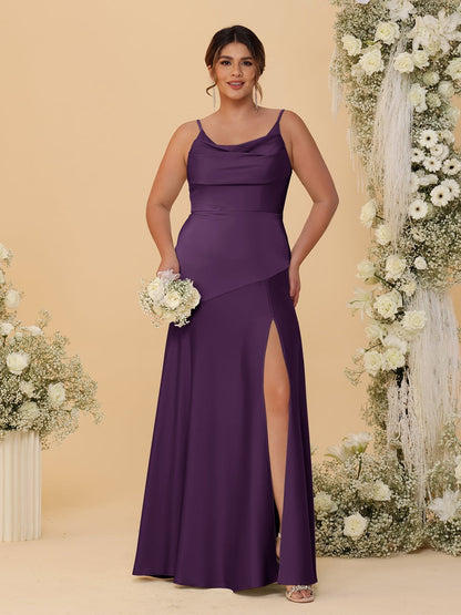 Robes de Demoiselle d'Honneur Grande Taille sans Manches avec Bretelles Spaghetti, Col en V Drapé et Fente Latérale, Style Fourreau/Colonne