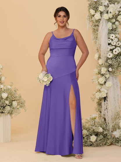 Robes de Demoiselle d'Honneur Grande Taille sans Manches avec Bretelles Spaghetti, Col en V Drapé et Fente Latérale, Style Fourreau/Colonne