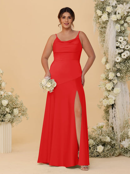 Robes de Demoiselle d'Honneur Grande Taille sans Manches avec Bretelles Spaghetti, Col en V Drapé et Fente Latérale, Style Fourreau/Colonne