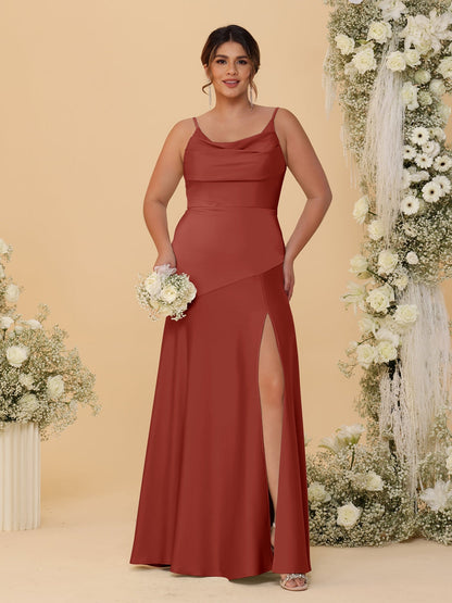 Robes de Demoiselle d'Honneur Grande Taille sans Manches avec Bretelles Spaghetti, Col en V Drapé et Fente Latérale, Style Fourreau/Colonne