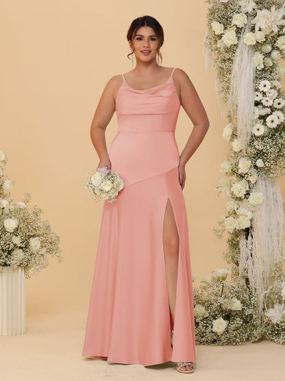 Robes de Demoiselle d'Honneur Grande Taille sans Manches avec Bretelles Spaghetti, Col en V Drapé et Fente Latérale, Style Fourreau/Colonne