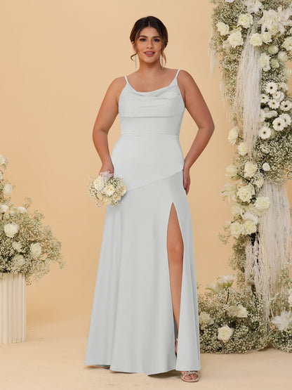 Robes de Demoiselle d'Honneur Grande Taille sans Manches avec Bretelles Spaghetti, Col en V Drapé et Fente Latérale, Style Fourreau/Colonne