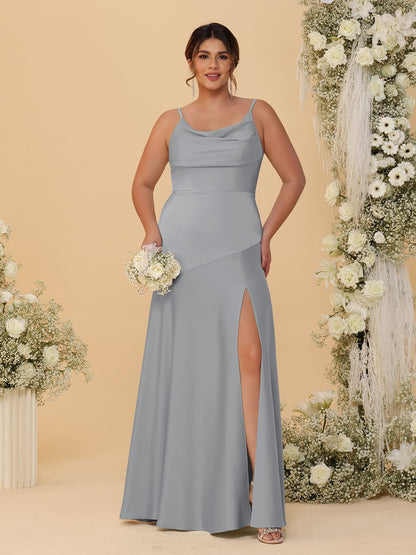 Robes de Demoiselle d'Honneur Grande Taille sans Manches avec Bretelles Spaghetti, Col en V Drapé et Fente Latérale, Style Fourreau/Colonne
