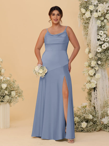 Robes de Demoiselle d'Honneur Grande Taille sans Manches avec Bretelles Spaghetti, Col en V Drapé et Fente Latérale, Style Fourreau/Colonne