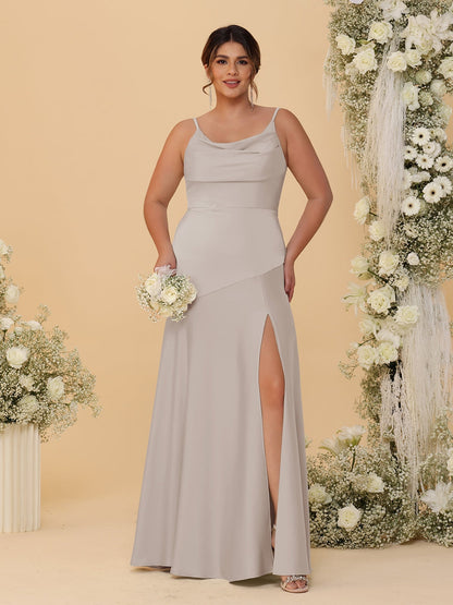 Robes de Demoiselle d'Honneur Grande Taille sans Manches avec Bretelles Spaghetti, Col en V Drapé et Fente Latérale, Style Fourreau/Colonne