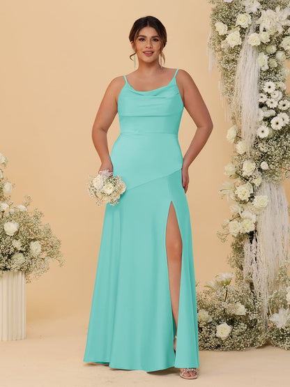 Robes de Demoiselle d'Honneur Grande Taille sans Manches avec Bretelles Spaghetti, Col en V Drapé et Fente Latérale, Style Fourreau/Colonne