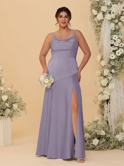 Robes de Demoiselle d'Honneur Grande Taille sans Manches avec Bretelles Spaghetti, Col en V Drapé et Fente Latérale, Style Fourreau/Colonne