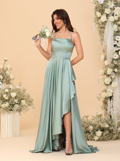 Robes de Demoiselle d'Honneur A-Ligne/Princesse Bretelles Spaghetti sans Manches Traîne Balayante avec Fente Latérale