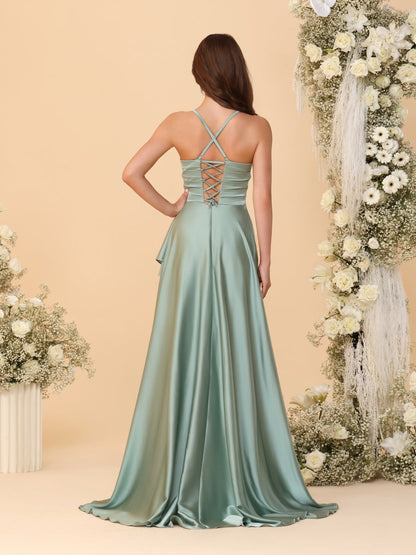 Robes de Demoiselle d'Honneur A-Ligne/Princesse Bretelles Spaghetti sans Manches Traîne Balayante avec Fente Latérale