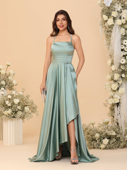 Robes de Demoiselle d'Honneur A-Ligne/Princesse Bretelles Spaghetti sans Manches Traîne Balayante avec Fente Latérale