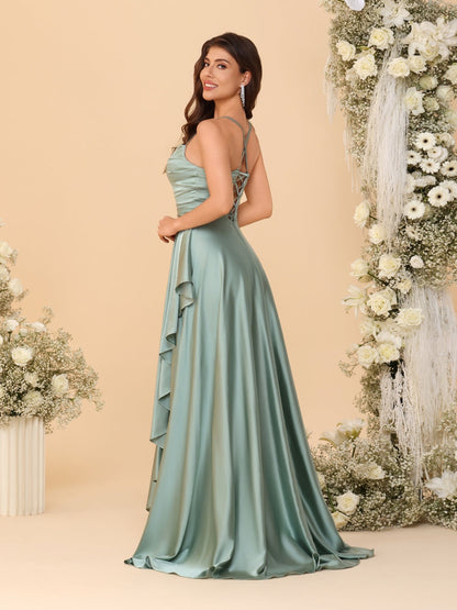 Robes de Demoiselle d'Honneur A-Ligne/Princesse Bretelles Spaghetti sans Manches Traîne Balayante avec Fente Latérale
