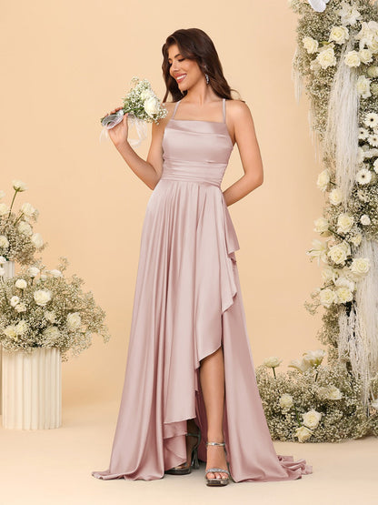 Robes de Demoiselle d'Honneur A-Ligne/Princesse Bretelles Spaghetti sans Manches Traîne Balayante avec Fente Latérale