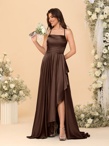 Robes de Demoiselle d'Honneur A-Ligne/Princesse Bretelles Spaghetti sans Manches Traîne Balayante avec Fente Latérale