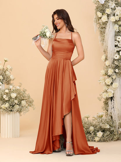 Robes de Demoiselle d'Honneur A-Ligne/Princesse Bretelles Spaghetti sans Manches Traîne Balayante avec Fente Latérale