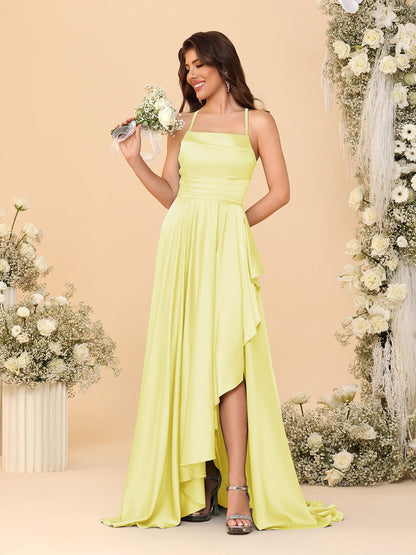 Robes de Demoiselle d'Honneur A-Ligne/Princesse Bretelles Spaghetti sans Manches Traîne Balayante avec Fente Latérale
