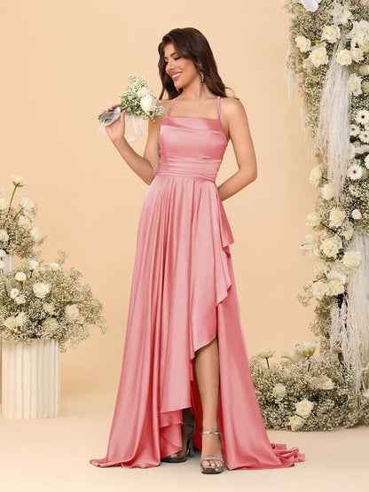 Robes de Demoiselle d'Honneur A-Ligne/Princesse Bretelles Spaghetti sans Manches Traîne Balayante avec Fente Latérale
