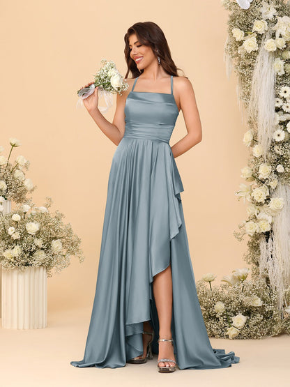Robes de Demoiselle d'Honneur A-Ligne/Princesse Bretelles Spaghetti sans Manches Traîne Balayante avec Fente Latérale