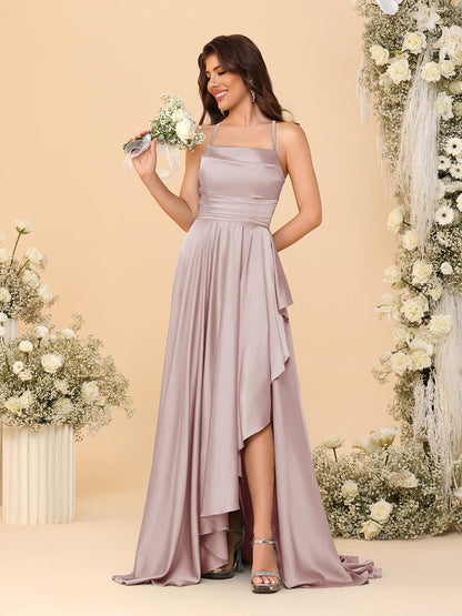 Robes de Demoiselle d'Honneur A-Ligne/Princesse Bretelles Spaghetti sans Manches Traîne Balayante avec Fente Latérale