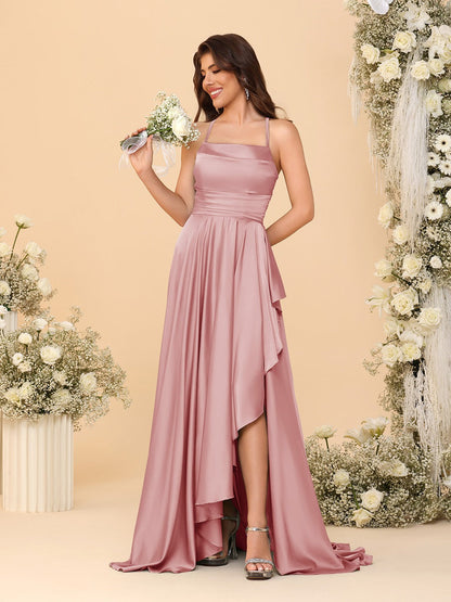 Robes de Demoiselle d'Honneur A-Ligne/Princesse Bretelles Spaghetti sans Manches Traîne Balayante avec Fente Latérale