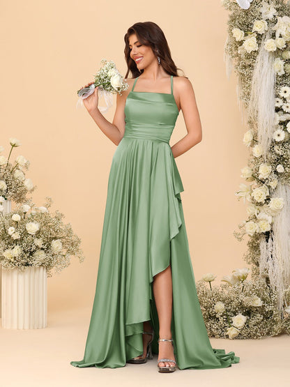 Robes de Demoiselle d'Honneur A-Ligne/Princesse Bretelles Spaghetti sans Manches Traîne Balayante avec Fente Latérale