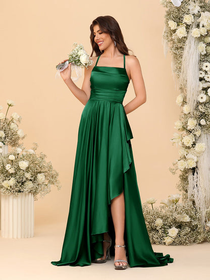 Robes de Demoiselle d'Honneur A-Ligne/Princesse Bretelles Spaghetti sans Manches Traîne Balayante avec Fente Latérale
