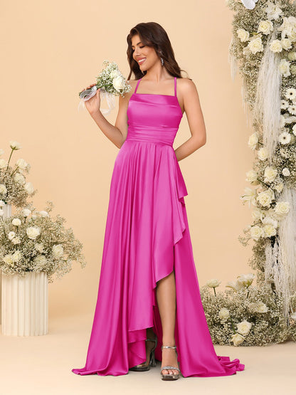 Robes de Demoiselle d'Honneur A-Ligne/Princesse Bretelles Spaghetti sans Manches Traîne Balayante avec Fente Latérale