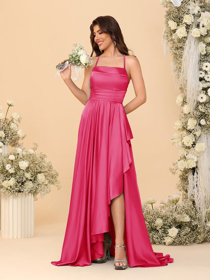Robes de Demoiselle d'Honneur A-Ligne/Princesse Bretelles Spaghetti sans Manches Traîne Balayante avec Fente Latérale