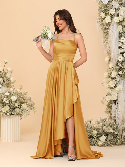 Robes de Demoiselle d'Honneur A-Ligne/Princesse Bretelles Spaghetti sans Manches Traîne Balayante avec Fente Latérale