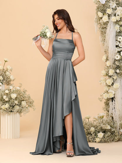 Robes de Demoiselle d'Honneur A-Ligne/Princesse Bretelles Spaghetti sans Manches Traîne Balayante avec Fente Latérale