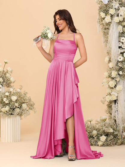 Robes de Demoiselle d'Honneur A-Ligne/Princesse Bretelles Spaghetti sans Manches Traîne Balayante avec Fente Latérale