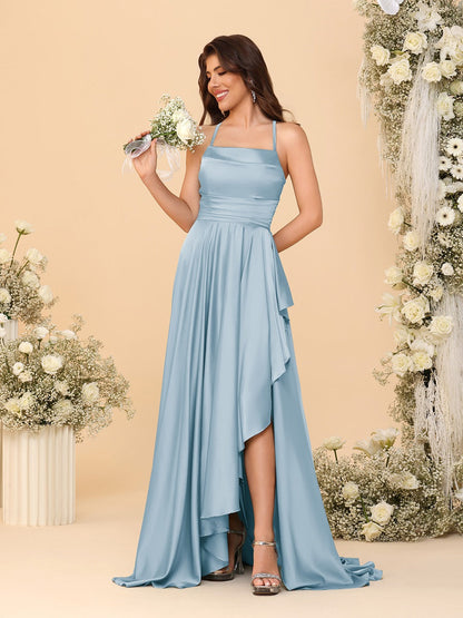 Robes de Demoiselle d'Honneur A-Ligne/Princesse Bretelles Spaghetti sans Manches Traîne Balayante avec Fente Latérale
