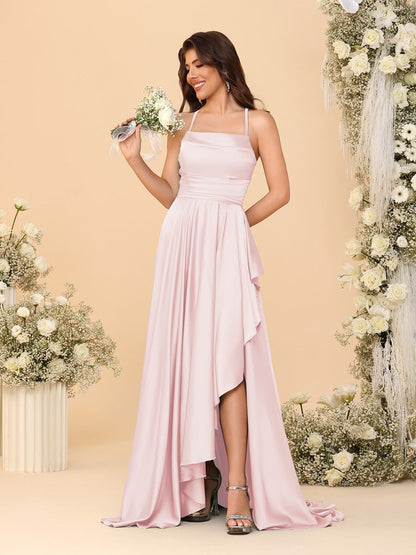 Robes de Demoiselle d'Honneur A-Ligne/Princesse Bretelles Spaghetti sans Manches Traîne Balayante avec Fente Latérale
