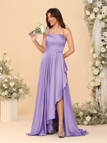 Robes de Demoiselle d'Honneur A-Ligne/Princesse Bretelles Spaghetti sans Manches Traîne Balayante avec Fente Latérale