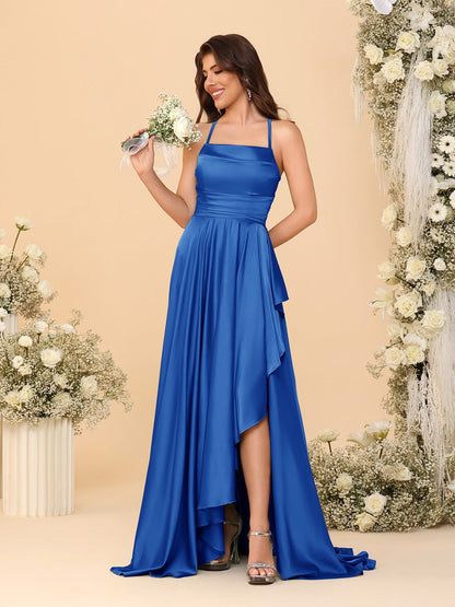 Robes de Demoiselle d'Honneur A-Ligne/Princesse Bretelles Spaghetti sans Manches Traîne Balayante avec Fente Latérale