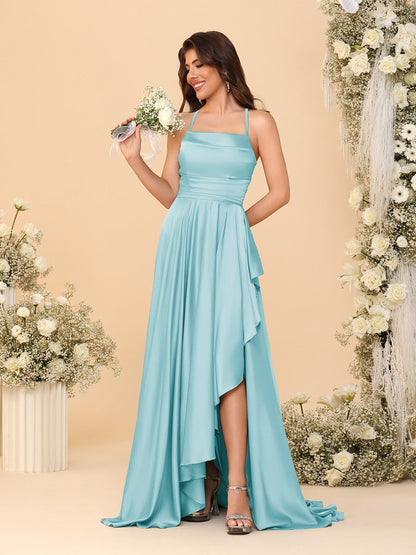 Robes de Demoiselle d'Honneur A-Ligne/Princesse Bretelles Spaghetti sans Manches Traîne Balayante avec Fente Latérale