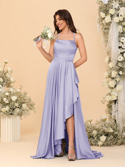 Robes de Demoiselle d'Honneur A-Ligne/Princesse Bretelles Spaghetti sans Manches Traîne Balayante avec Fente Latérale