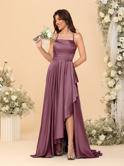 Robes de Demoiselle d'Honneur A-Ligne/Princesse Bretelles Spaghetti sans Manches Traîne Balayante avec Fente Latérale