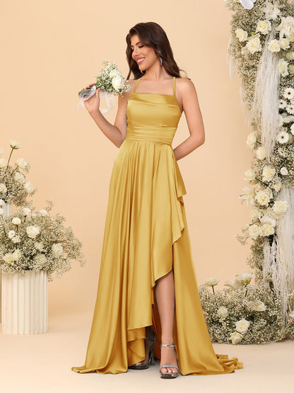 Robes de Demoiselle d'Honneur A-Ligne/Princesse Bretelles Spaghetti sans Manches Traîne Balayante avec Fente Latérale