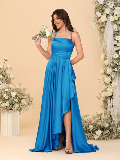 Robes de Demoiselle d'Honneur A-Ligne/Princesse Bretelles Spaghetti sans Manches Traîne Balayante avec Fente Latérale